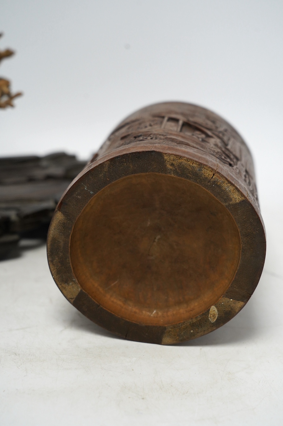 A 19th century Chinese bamboo brushpot and a rootwood and rosewood scholar's stand, root wood stand 30cm wide. Condition - some damage and repairs